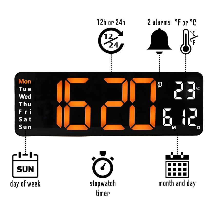 12'' LED Digital Wall Clock – Large Display with Temperature, Date, Day &amp; Alarm + Remote Control