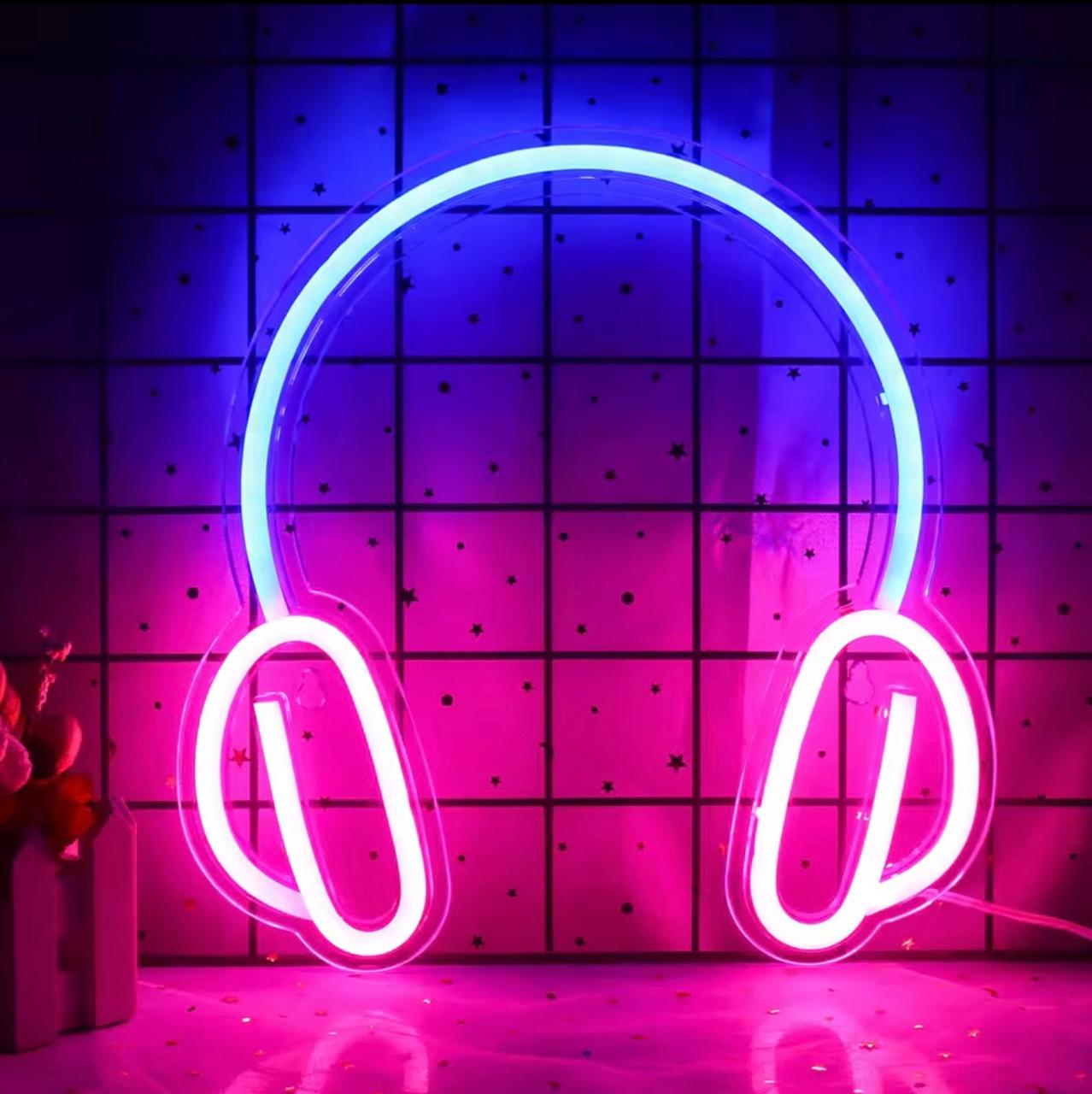 LED Headphone Neon Sign – Acrylic Wall Light for Gaming Room, Bedroom &amp; Studio Decor