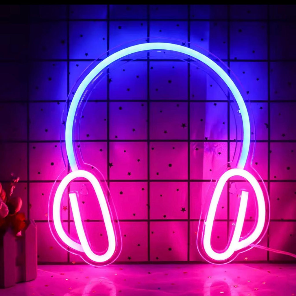 LED Headphone Neon Sign – Acrylic Wall Light for Gaming Room, Bedroom &amp; Studio Decor